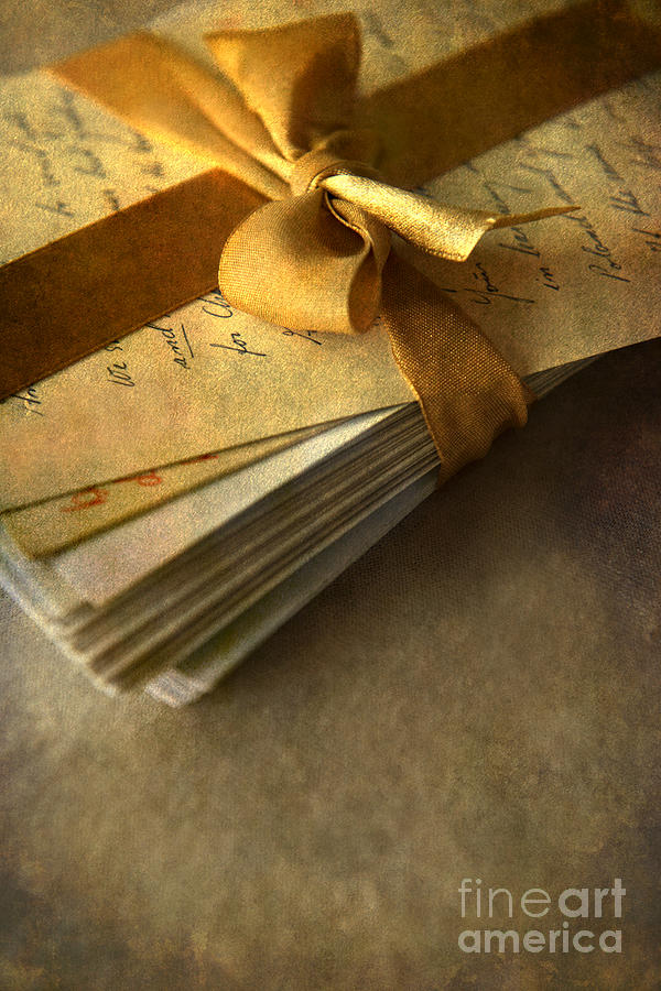 Still Life Photograph - Pile of letters with golden ribbon by Jaroslaw Blaminsky