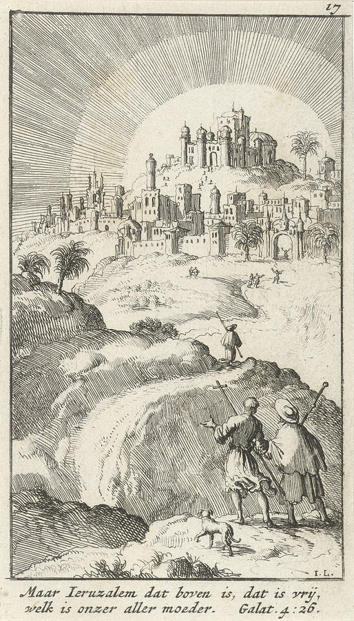 Pilgrims Climb To An Upper Town Behind Which The Sun Shines Drawing by