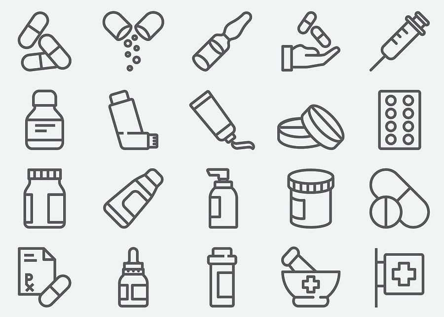 Pills and Pharmacy Line Icons Drawing by LueratSatichob