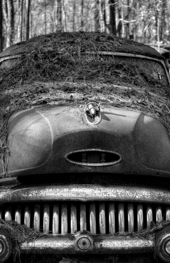 Buick Photograph - Pine Straw On Buick in Black and White by Greg and Chrystal Mimbs