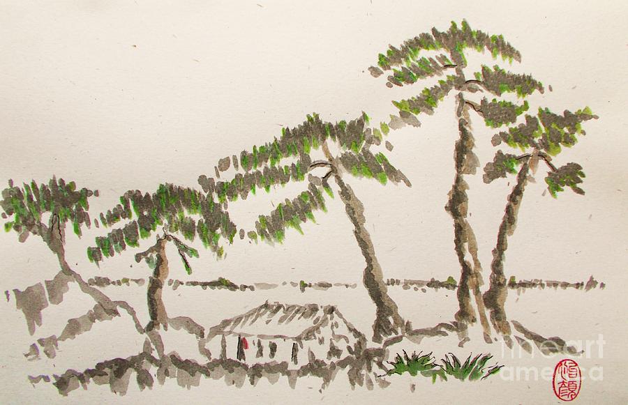 Pine Trees at Odwara Station Painting by Thea Recuerdo