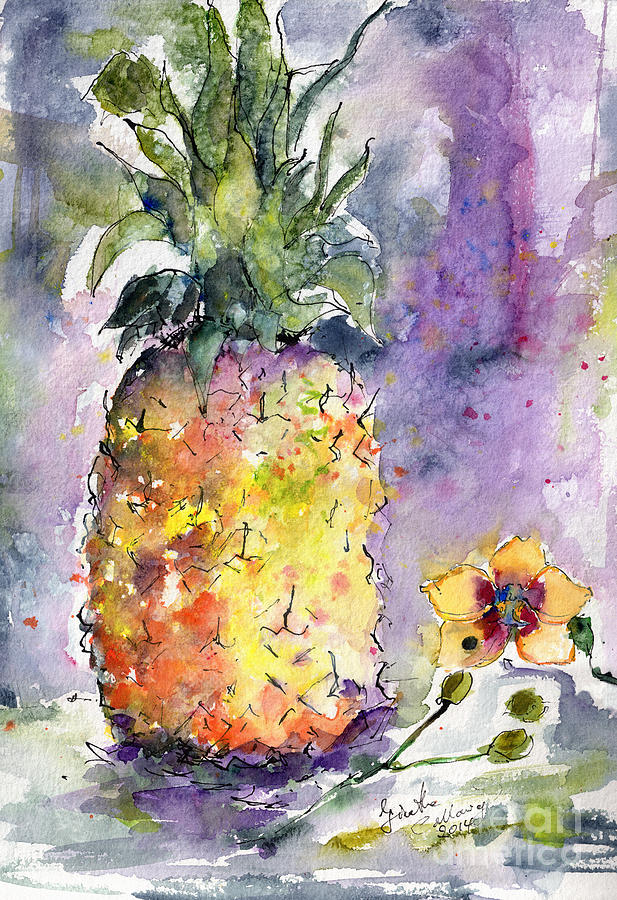 Pineapple and Orchids Painting by Ginette Callaway