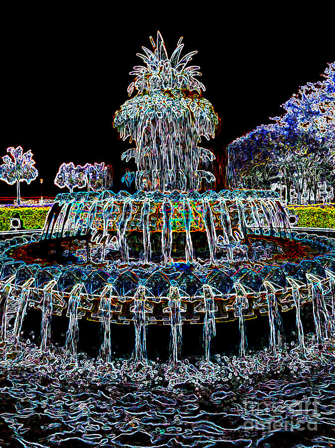 Pineapple Fountain - Neon Night Photograph by Carol Groenen