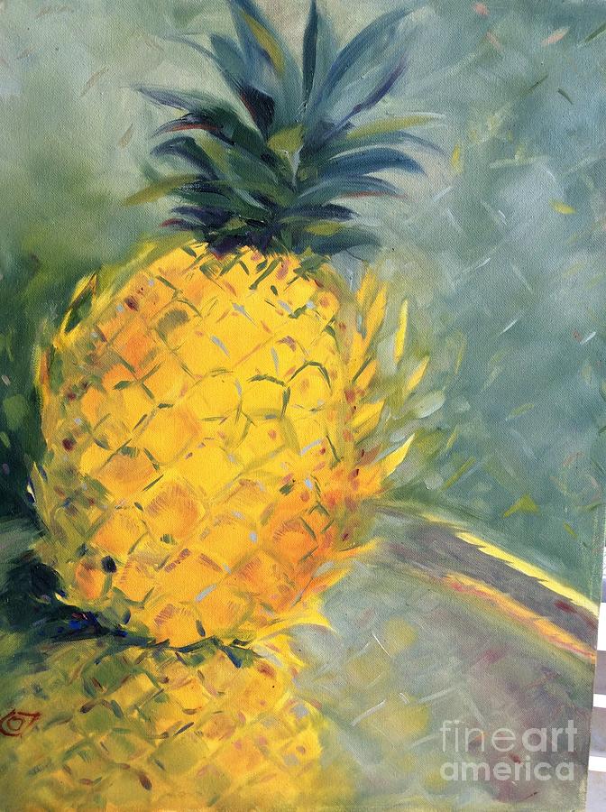 Pineapple on Soft Green Painting by Karen Carmean