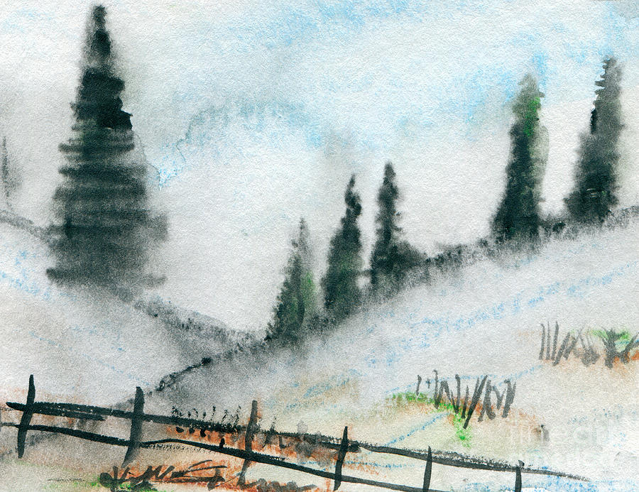 Pines on Winter Hillside Painting by R Kyllo