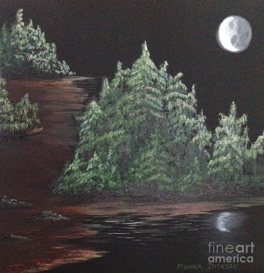 Pines With moon Painting by Monika Shepherdson