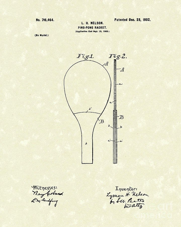 Nelson Drawing - Ping-Pong Racket 1902 Patent Art by Prior Art Design
