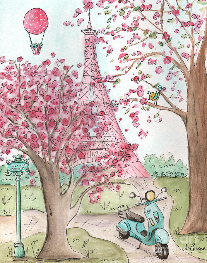 Pink Eiffel Tower With Vespa Scooter  Painting by Debbie Cerone