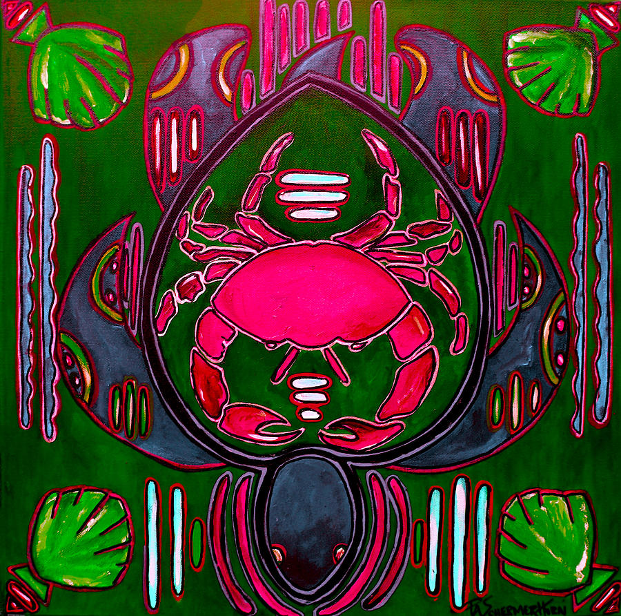 Pink and Green Crab Turtle Mola Painting by Patti Schermerhorn