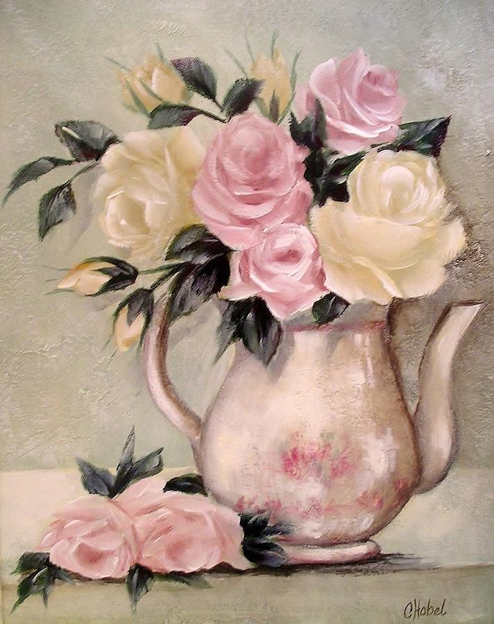 Pink And Yellow Roses In Teapot Painting Painting by Chris Hobel