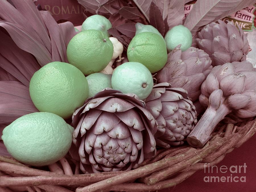 Pink Artichokes with Green Lemons and Oranges Photograph by James B Toy