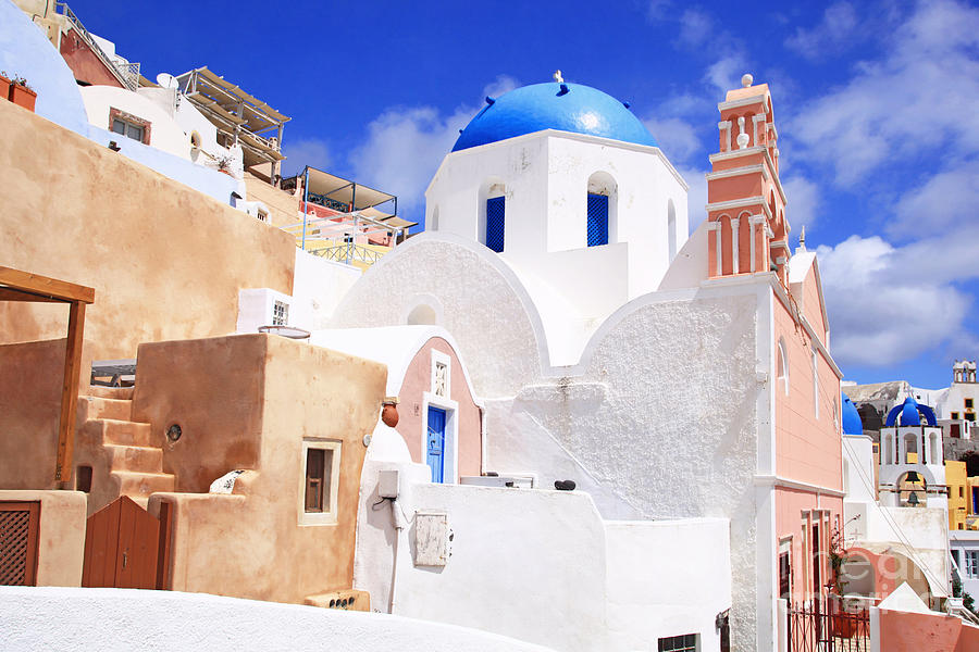 Architecture Photograph - Pink bell tower and blue dome church by Aiolos Greek Collections