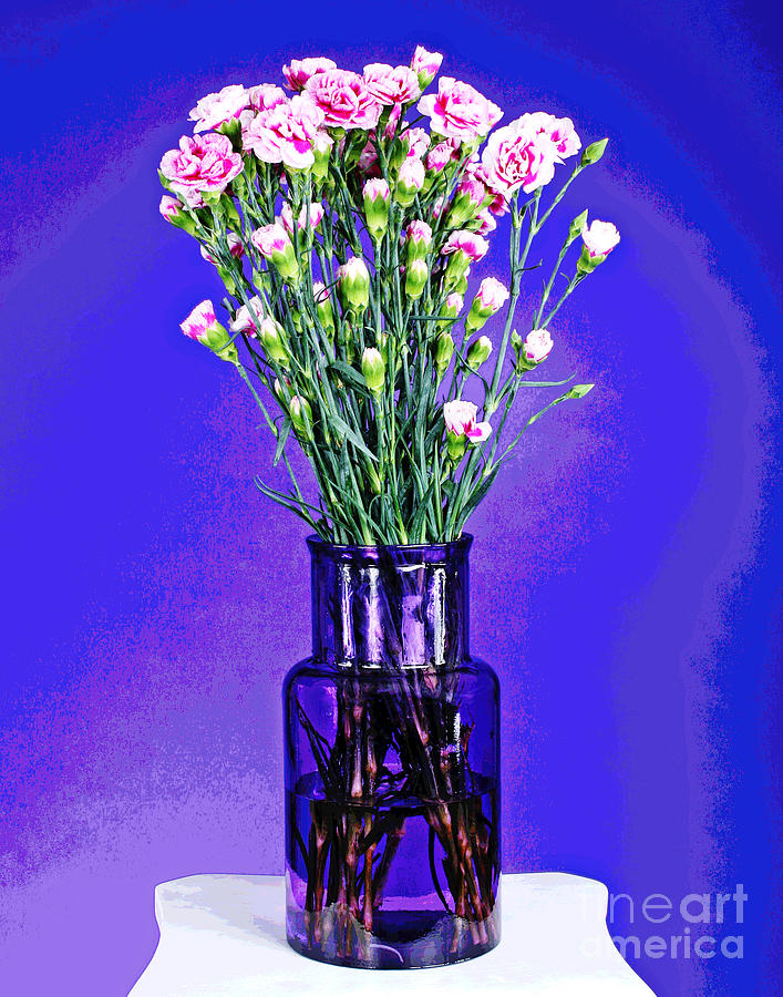 Pink Carnations In Purple Vase Photograph by Larry Oskin