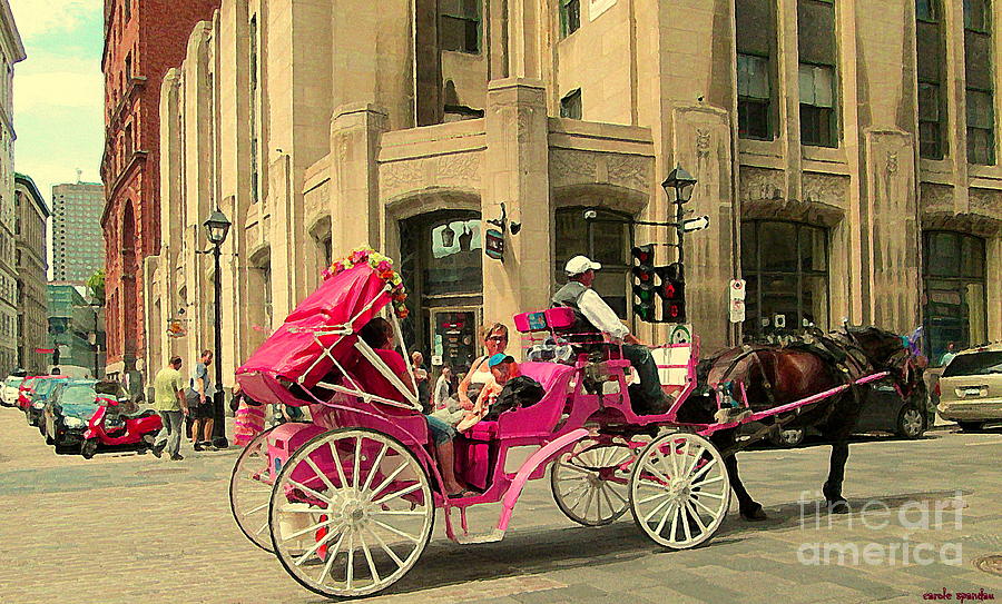 Pink Carriage Ride Through Historic Streets The Old City With Beautiful Dark Horse Quebec C Spandau Painting by Carole Spandau