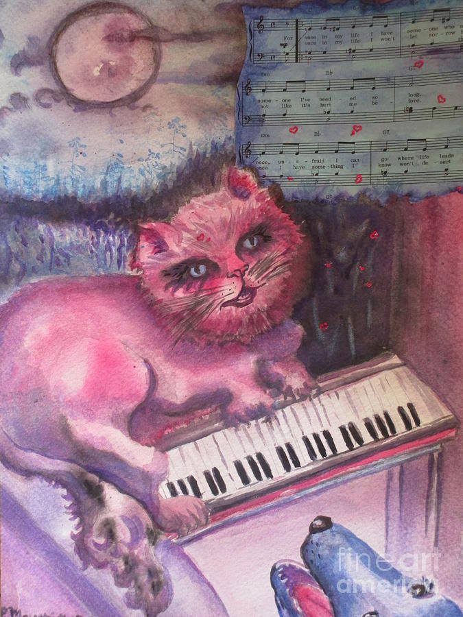 Pink Cat Sings the Blues Painting by Lynn Maverick Denzer