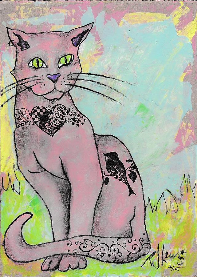 Pink cat with tats Painting by PJ Lewis