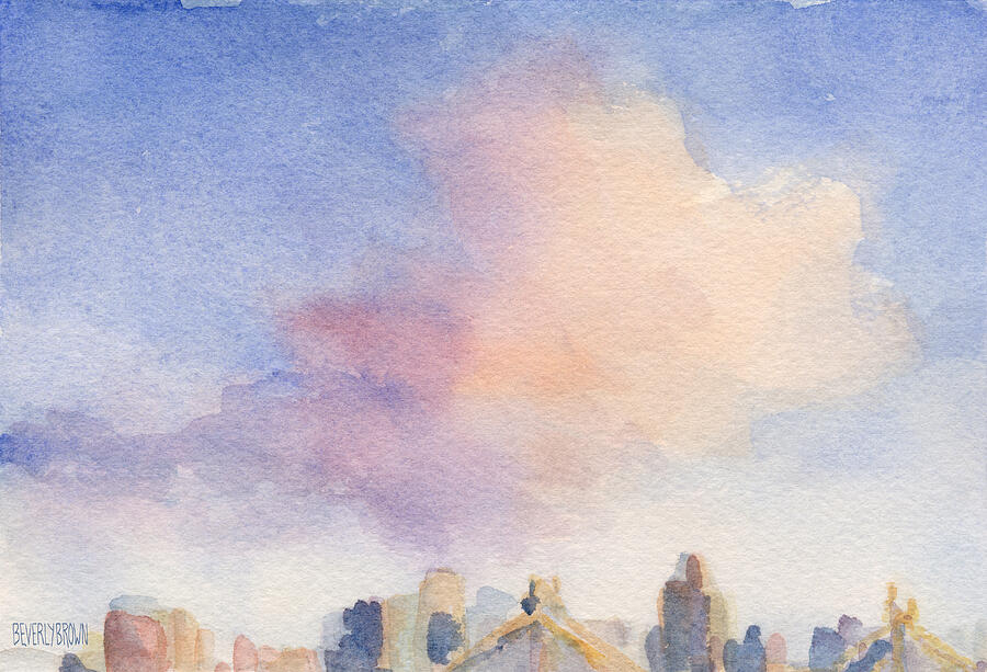 Pink Cloud and 59th St Bridge Watercolor Painting of NYC Painting by Beverly Brown Prints