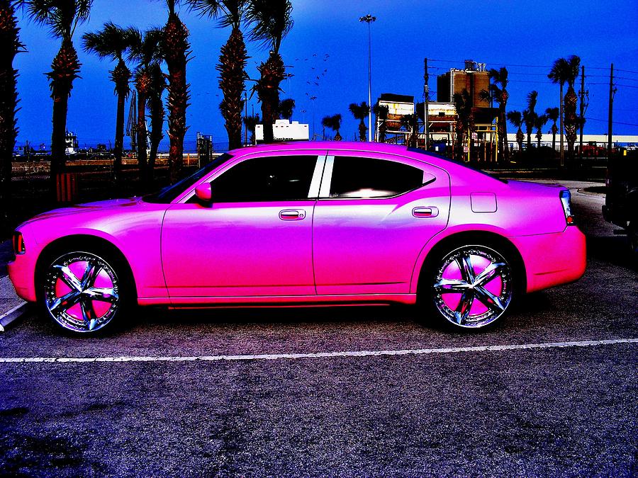 Car Photograph - Pink Dodge Car Against Blue Sky by Kelly Mac Neill