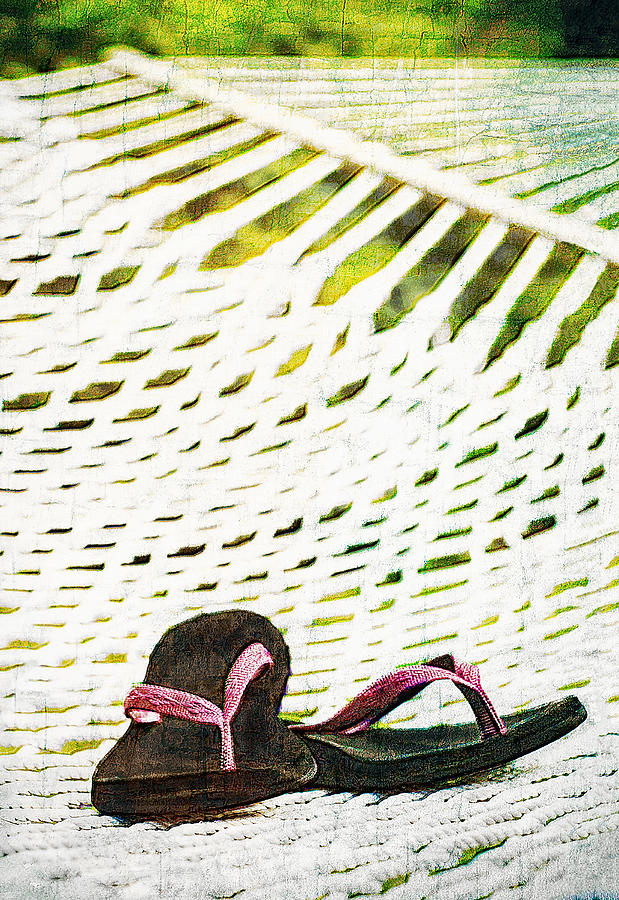Pink flip flops on backyard rope hammock vintage scratched style Digital Art by Marianne Campolongo