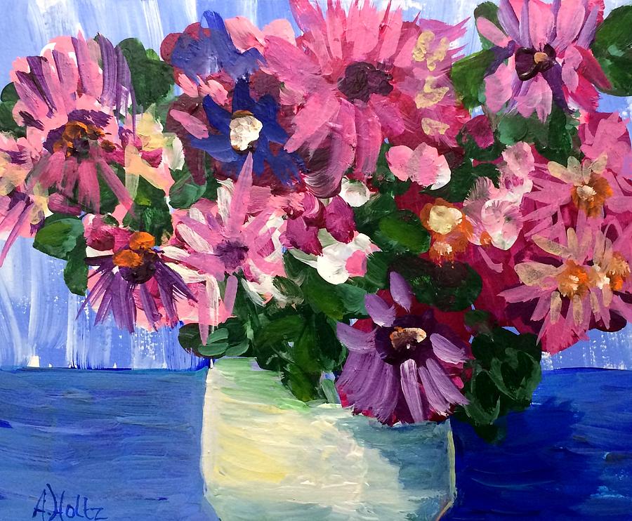 Pink Flowers In Pot Painting by Arlene Holtz