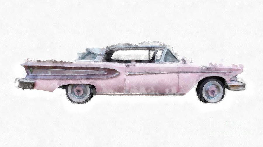 Vintage Photograph - Pink Ford Edsel  Watercolor by Edward Fielding