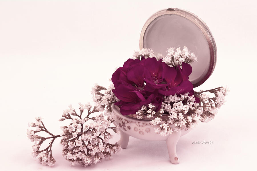 Pink And White Flowers Photograph - Pink Geranium And Valarian In Vintage Dish  by Sandra Foster