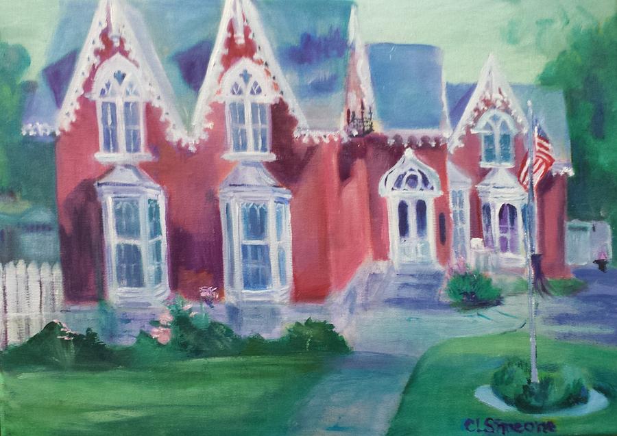 Pink Gothic Victorian Garden House Painting by Cheryl LaBahn Simeone