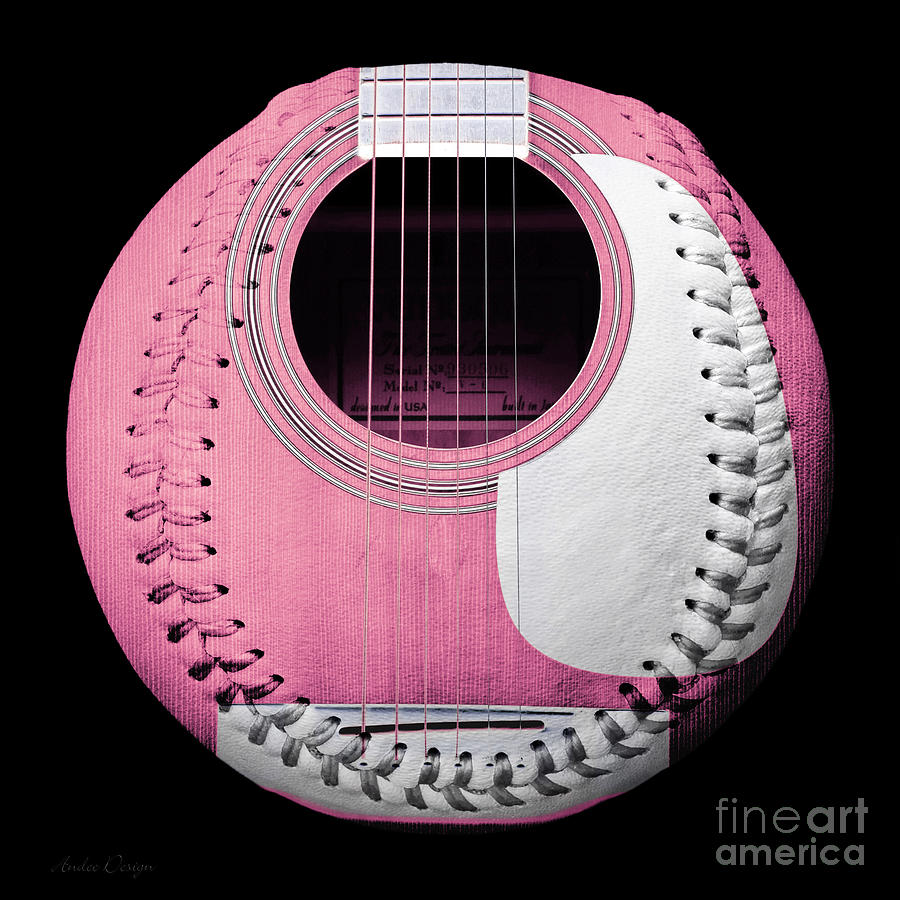 Baseball Digital Art - Pink Guitar Baseball White Laces Square by Andee Design