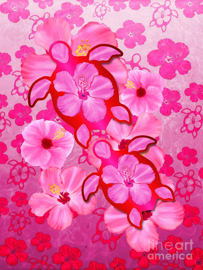 Flower Digital Art - Pink Honu Turtles And Hibiscus by Chris MacDonald