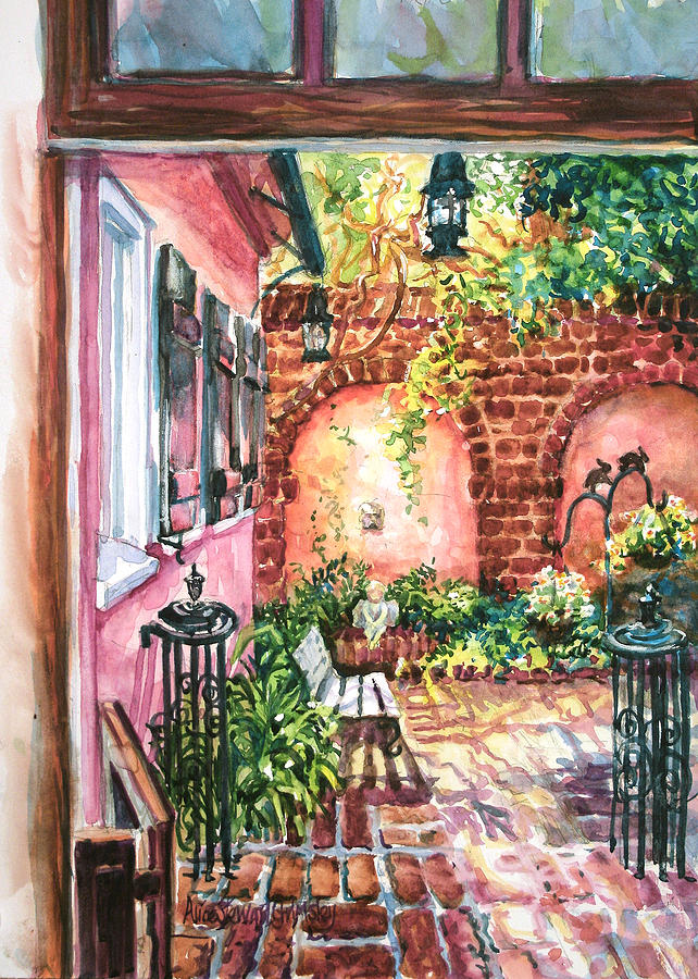 Flower Painting - Pink House Courtyard by Alice Grimsley
