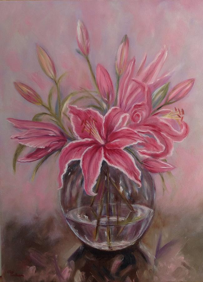 Flowers Still Life Painting - Pink Lilies by Liz Sharpe