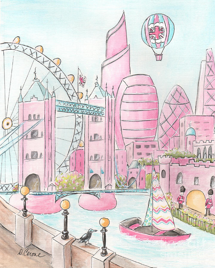 Pink London Skyline and London Eye Painting by Debbie Cerone