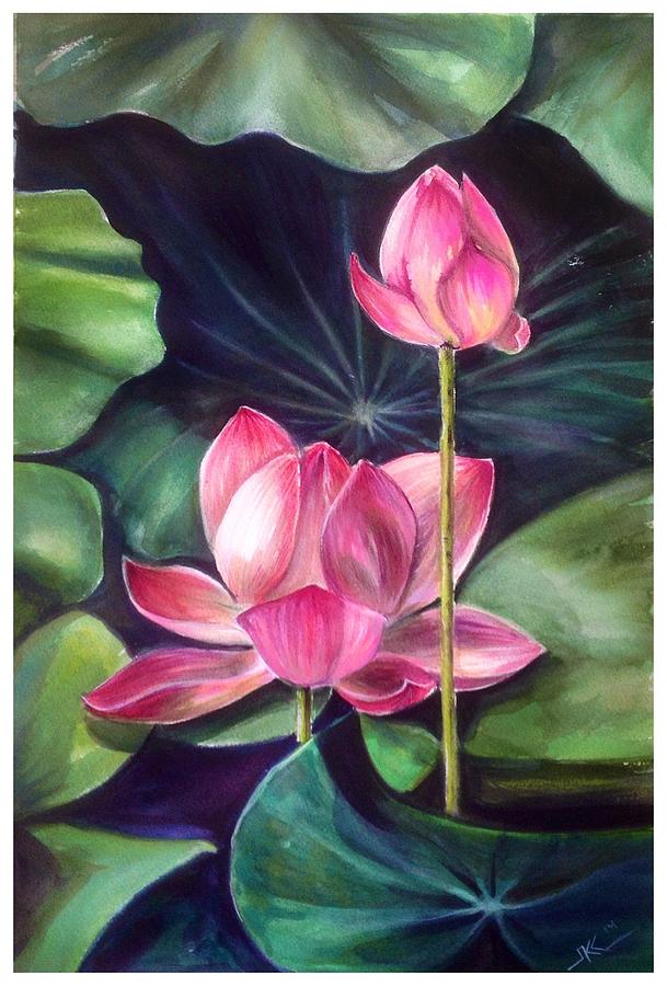 Pink lotus Painting by Katerina Kovatcheva
