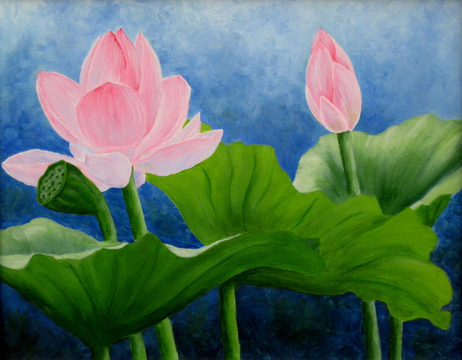 Oil Painting - Pink Lotus on Blue Sky by Darla Brock