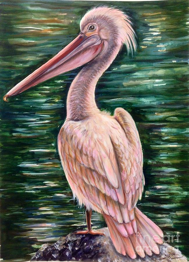 Pink pelican Painting by Katerina Kovatcheva