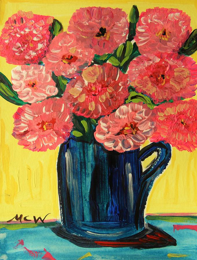 Pink Peonies in Deep Blue by Mary Carol Painting by Mary Carol Williams