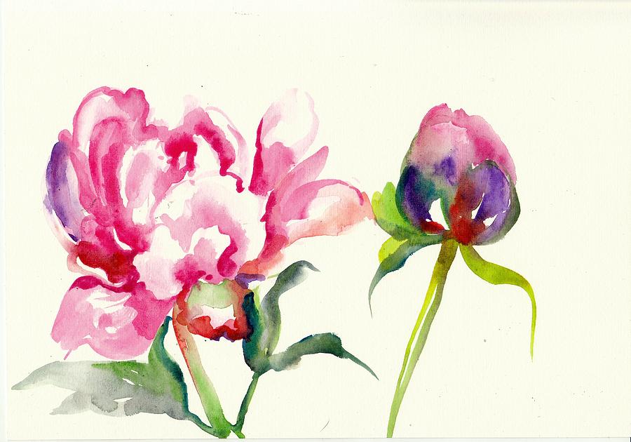 Pink Peony with Bud and Leaf Watercolor Painting by Tiberiu Soos