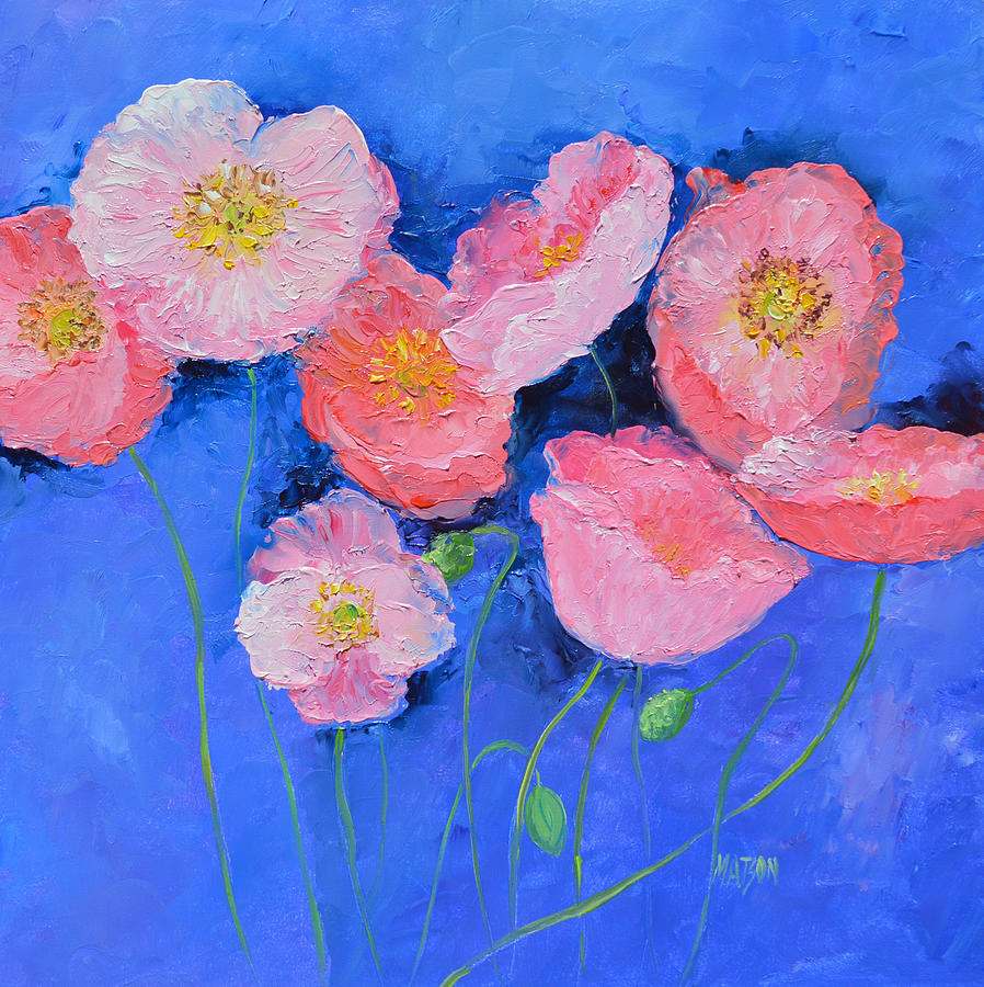 Pink Poppies on Blue  Painting by Jan Matson