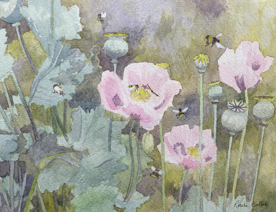 Insects Painting - Pink poppies with bees by Rosalie Bullock