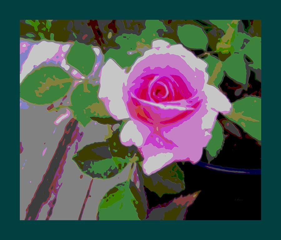 Pink Potted Rose Teal Border Mixed Media by L Brown