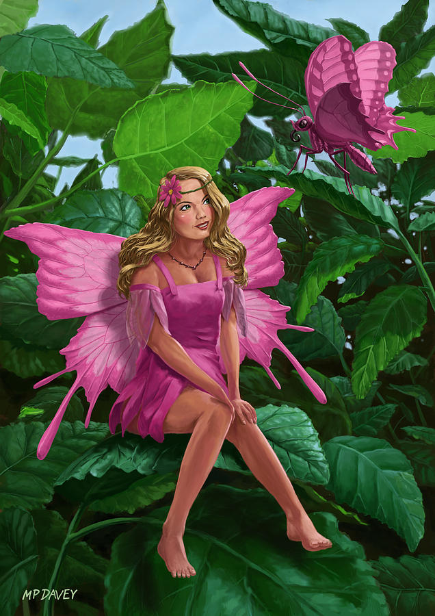 Pink pretty Fairy on leaf with pink Butterfly Digital Art by Martin Davey