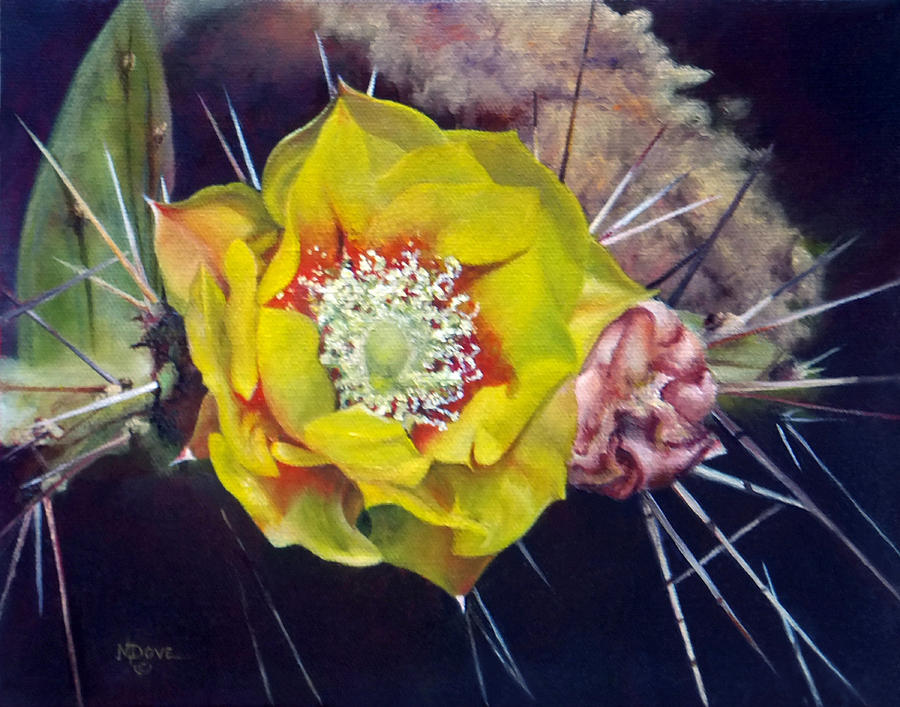 Pink Prickly Pear Yellow Cactus Flower Painting by Mary Dove