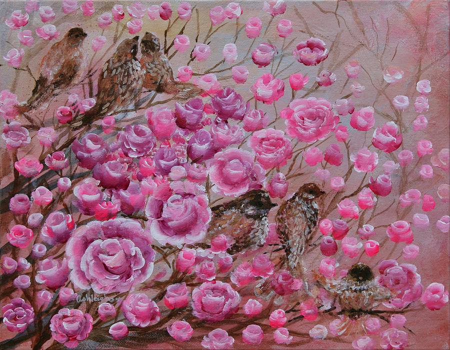 Pink Rose Birdies Painting by Ashleigh Dyan Bayer