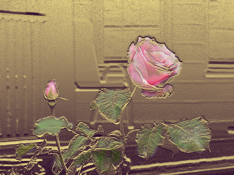 Pink Rose In Gold Leaf Mixed Media by Steve Karol