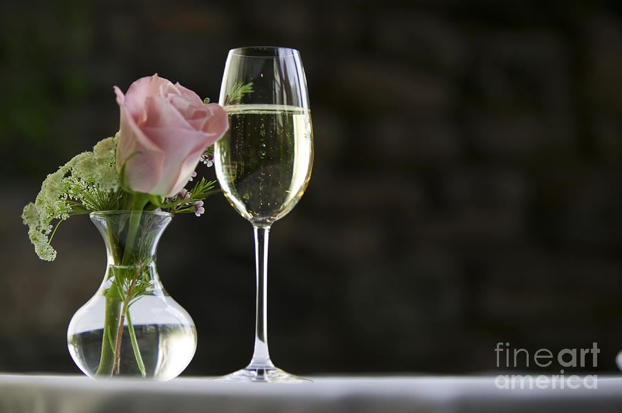 Nature Photograph - Pink rose with a glass of white wine. by Don Landwehrle
