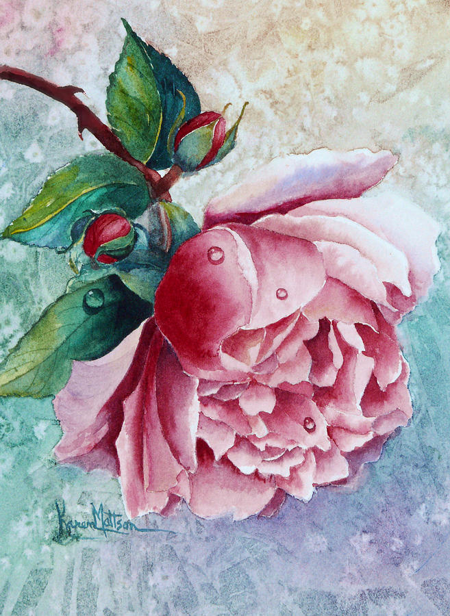 Nature Painting - Pink Rose With Water Drops by Karen Mattson