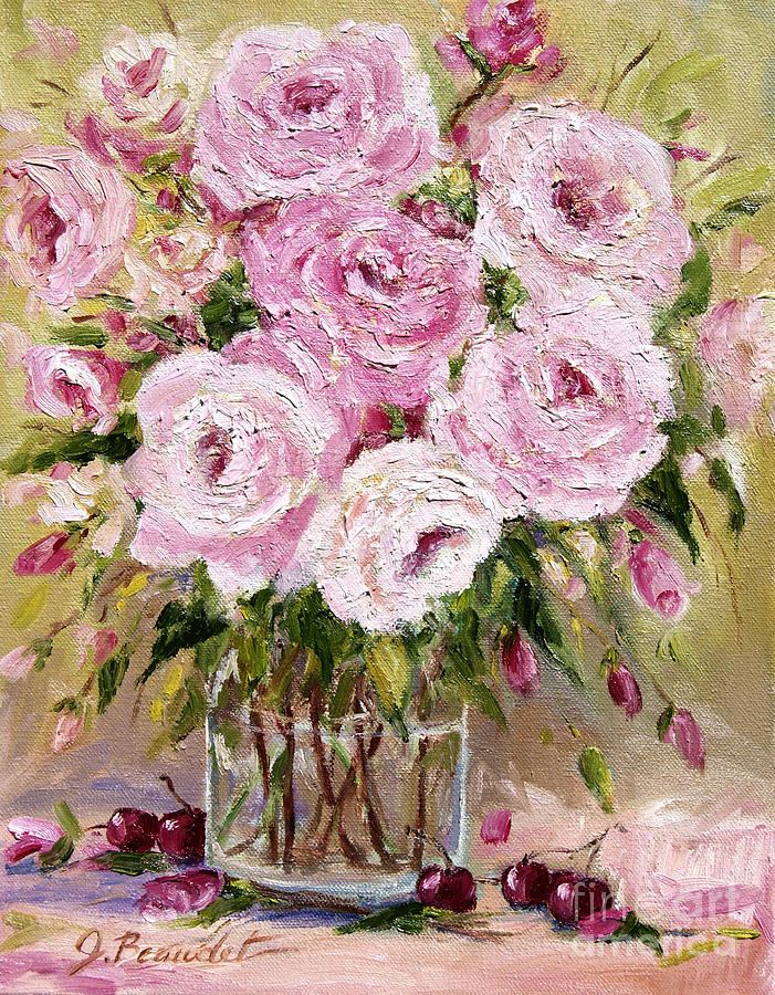 Still Life Painting - Pink Roses and Cherries by Jennifer Beaudet