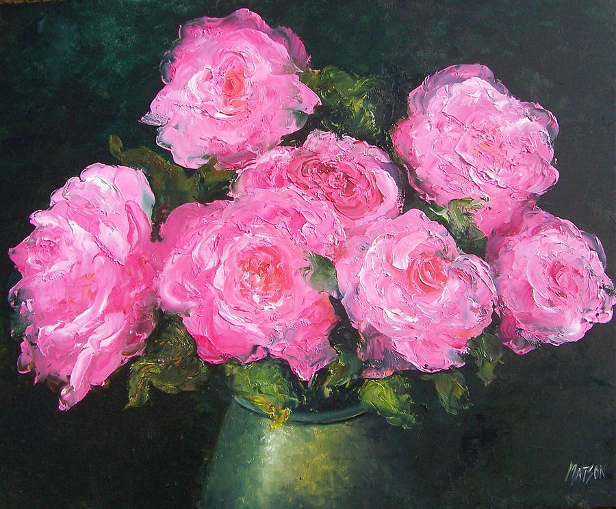 Pink Roses in a brass vase Painting by Jan Matson