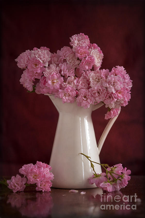 Pink Roses In A Vintage Pitcher With Fallen Blooms Photograph by Lee Avison