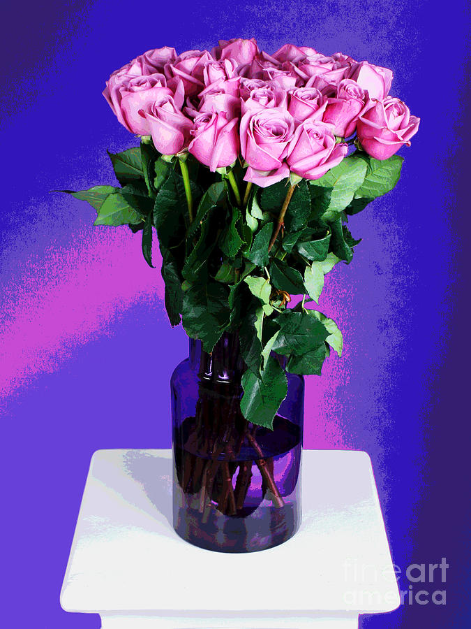Pink Roses In Purple Vase Photograph by Larry Oskin